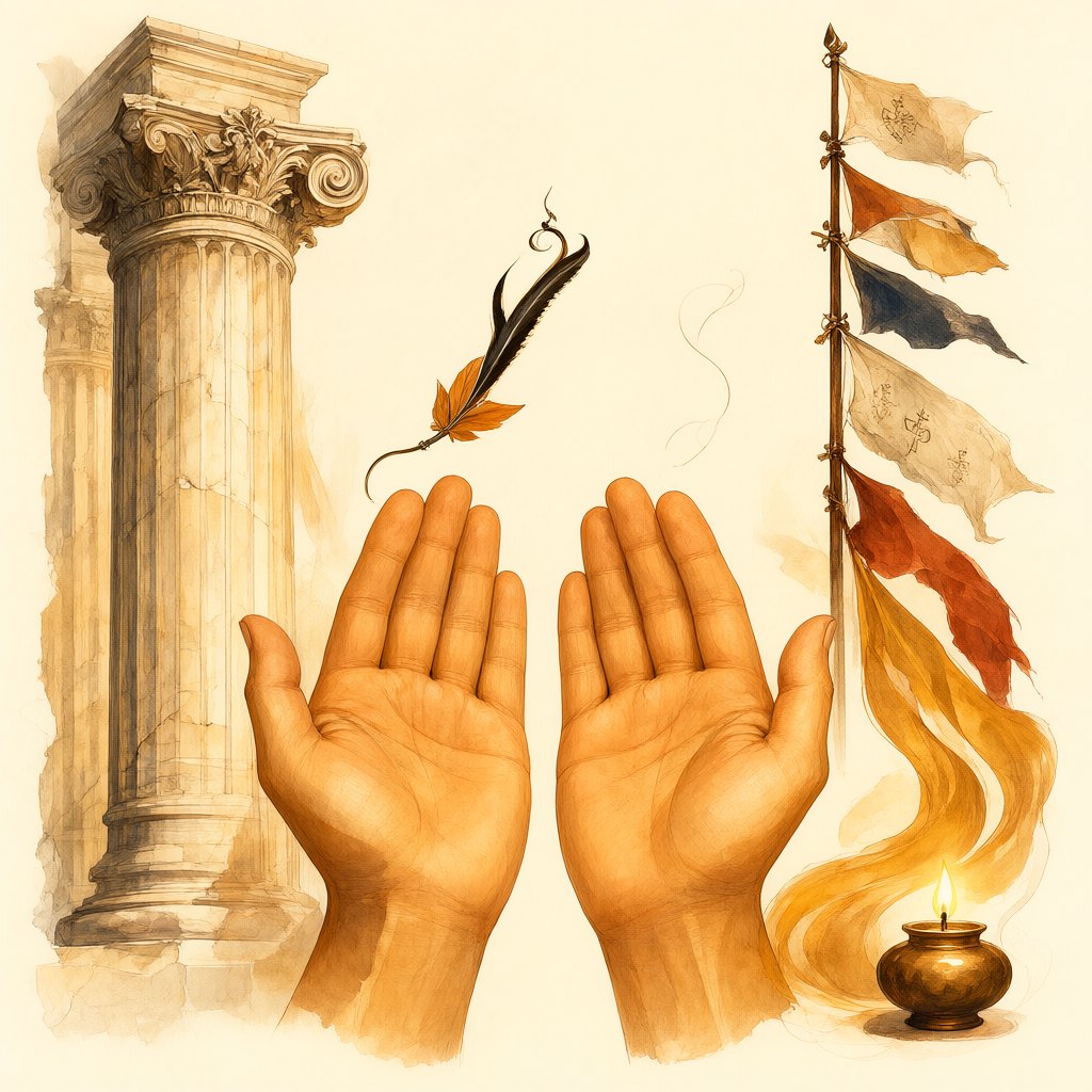 Zwei geöffnete Handflächen zwischen griechischer Säule und tibetischen Gebetsflaggen – Handlesen-Traditionen im Vergleich zwischen Ost und West